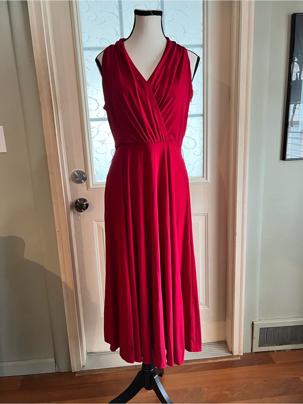 Suzy Chin sz 6 for Maggy’s boutique red retro midi dress. Faux wrap bodice.